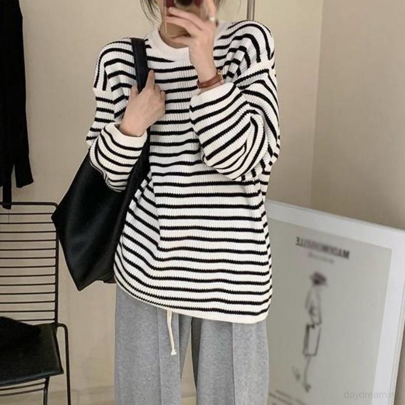 Áo Sweater Tay Dài Cổ Tròn Dáng Rộng Họa Tiết Kẻ Sọc Thời Trang Hàn Quốc Xinh Xắn Cho Nữ