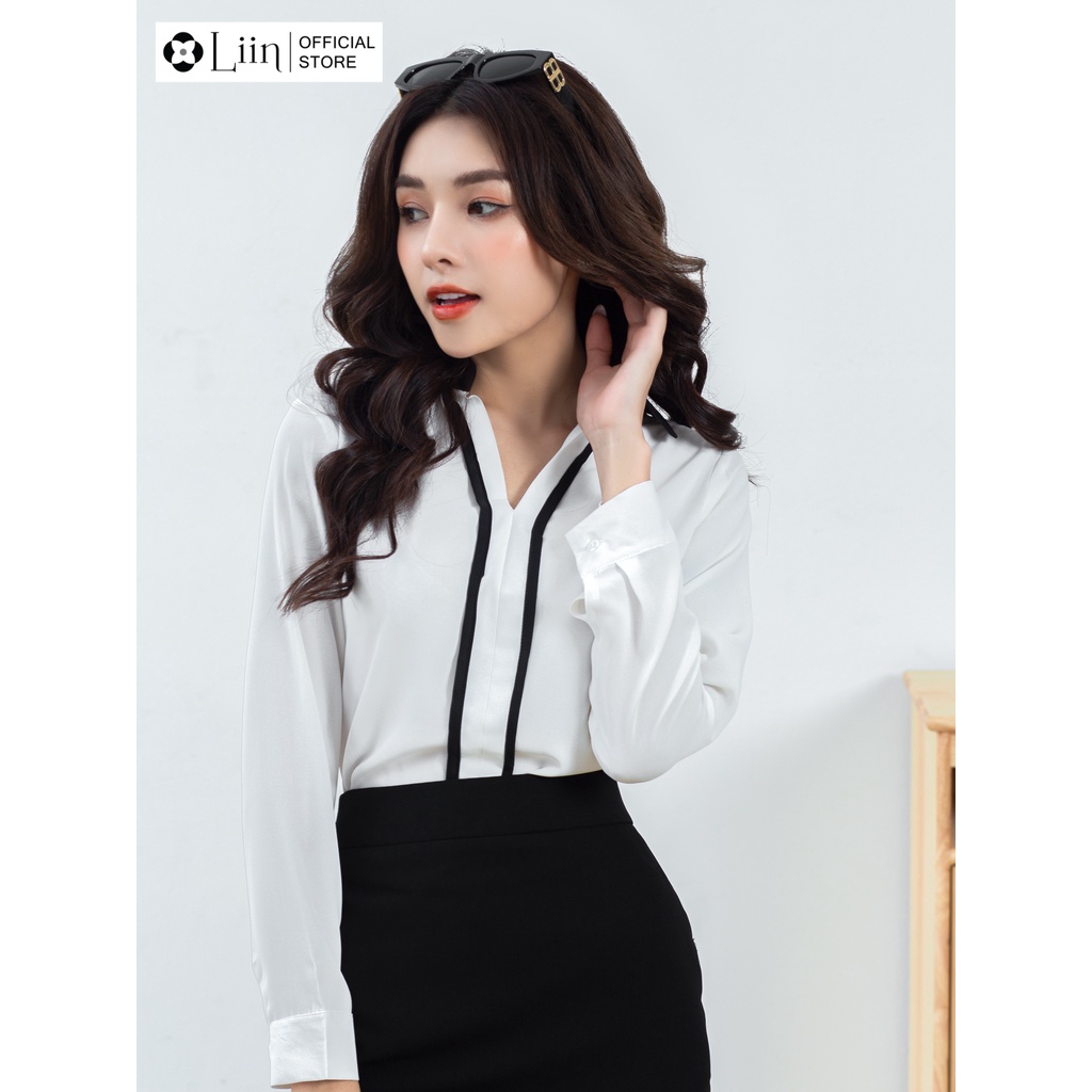 Áo sơ mi nữ đẹp màu Trắng viền đen, chất lụa thoáng mát Liin Clothing SM3173