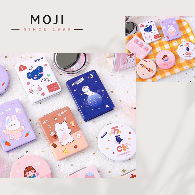 Gương gấp mini 2 mặt bỏ túi, chất liệu da PU khung kim loại hoạ tiết hoạt hình dễ thương