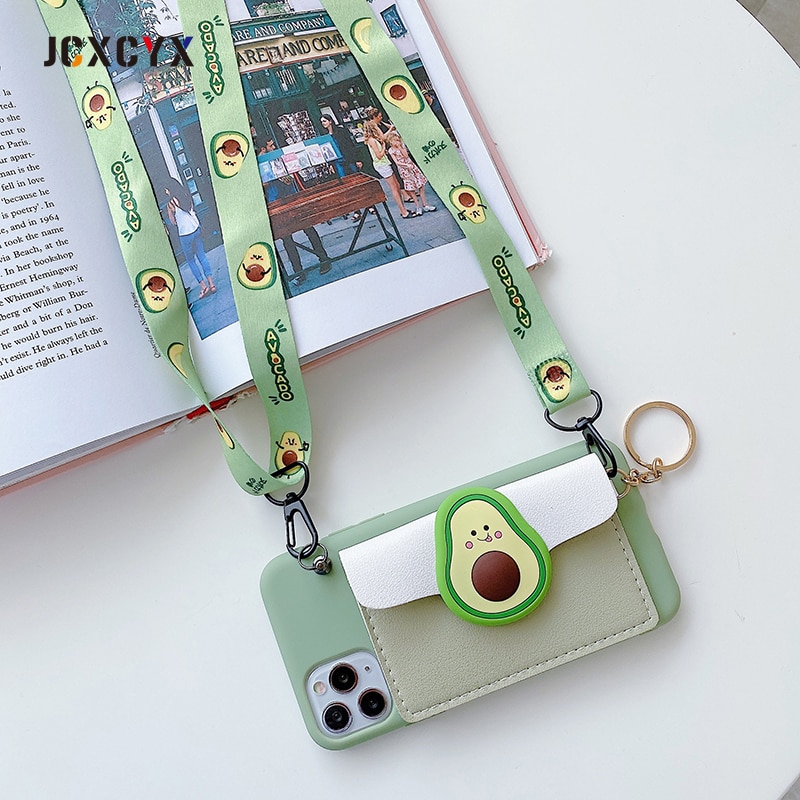 Ốp điện thoại gắn ví da mềm hình quả bơ dâu hoạt hình 3D cho Iphone 12 mini 11 Pro Max X XR XS 6S 7 8 plus SE 2020