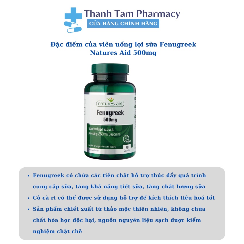 Viên uống lợi sữa Fenugreek Natures Aid 500mg của Anh 90 viên giúp cải thiện chất lượng sữa