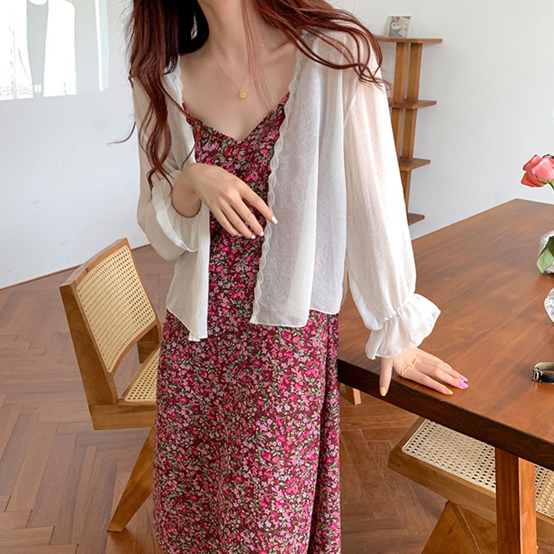 Áo Khoác Cardigan Vải Voan Tay Phồng Dài Dáng Rộng Thêu Họa Tiết Lá Thời Trang Cho Nữ