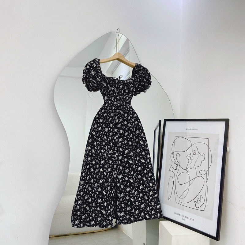 🦋Đầm MiDi Đen Hoa Cổ Vuông Xẻ Đùi🦋