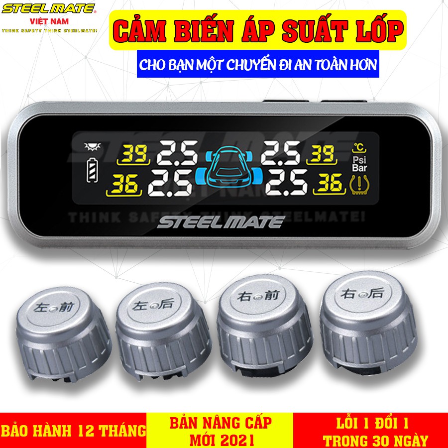 Cảm biến áp suất lốp van ngoài TPMS không dây chính hãng STEELMATE có màn hình màu hiển thị thông số - BẢO HÀNH 12 THÁNG