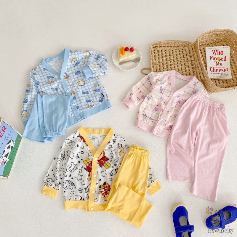 Bộ Áo Cardigan Tay Dài Cài Nút + Quần Dài In Họa Tiết Hoạt Hình Phong Cách Hàn Quốc Thời Trang Mùa Thu Cho Bé Trai Và Gái