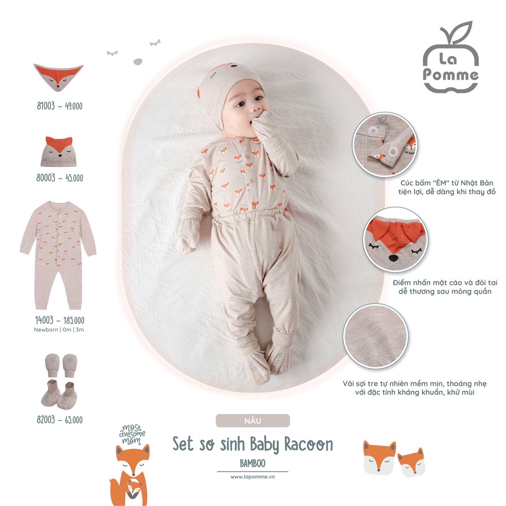 Set sơ sinh La Pomme chất Bamboo cao cấp mềm mịn cao cấp bộ body dài tay cài chéo sơ sinh mũ con cáo 14003 15003