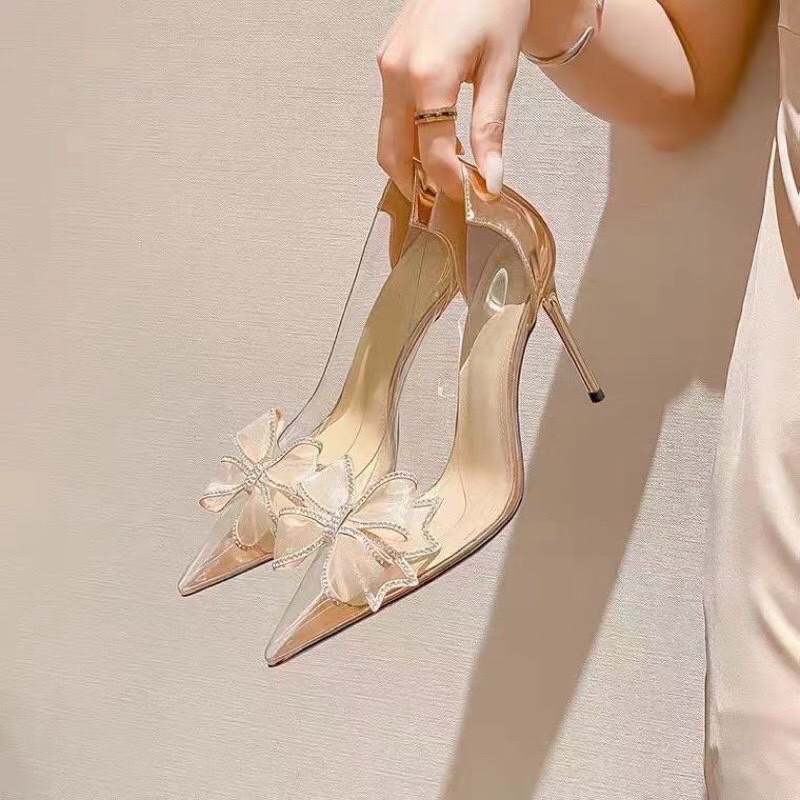 Mã B55 giày cao gót nữ mika phối nơ sang chảnh gót nhọn cao 8p