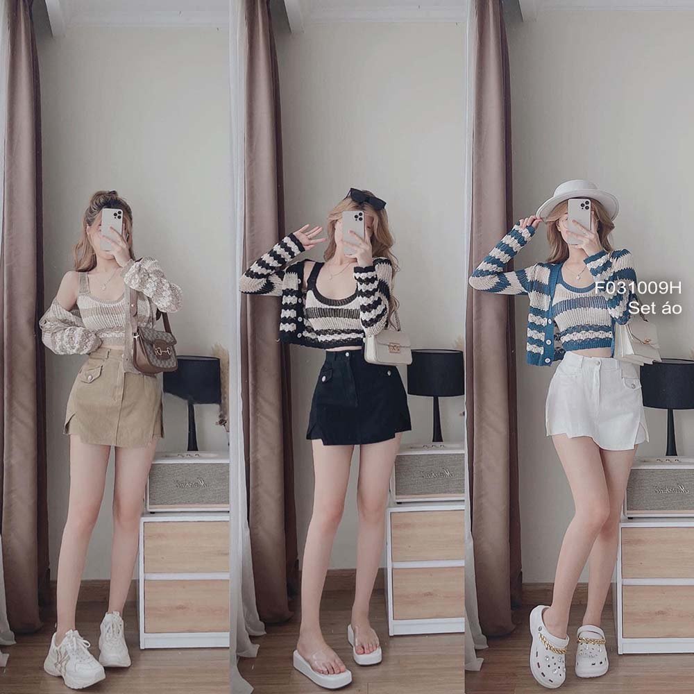 Set 2 món áo len cặp áo khoác gài nút tay dài kèm áo croptop 2 dây hàng QC!