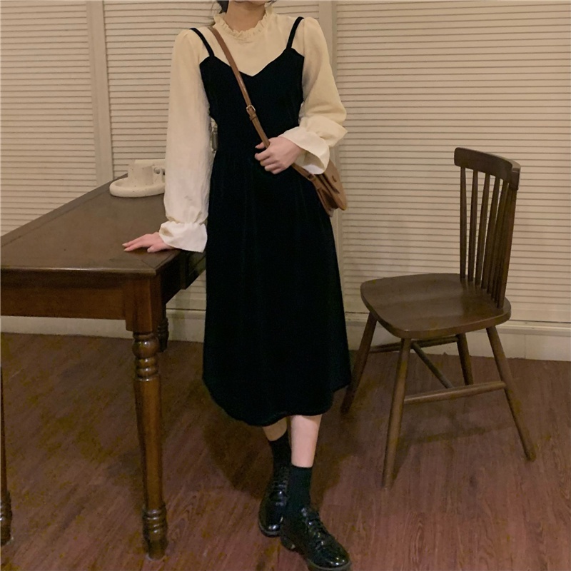Đầm nhung chữ A cổ tròn dài tay hai lớp phong cách cổ điển 48375