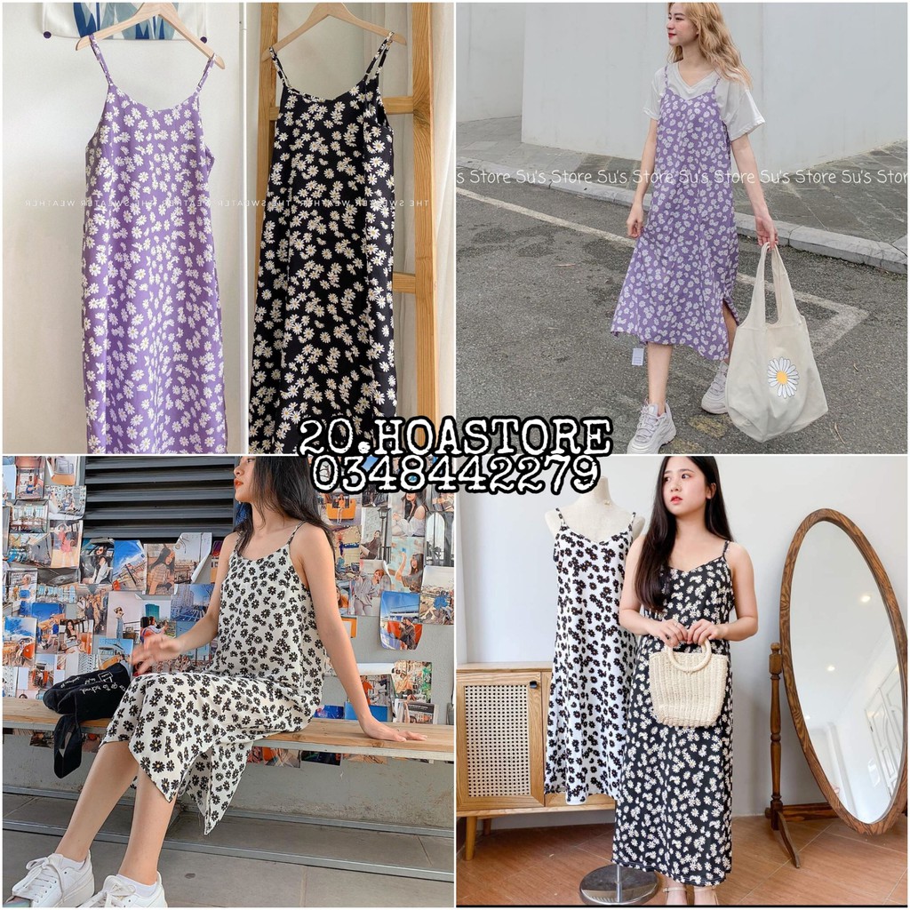 VÁY HOA CÚC 2 DÂY TRẮNG TÍM ĐEN SUÔNG DÀI DAISY - ĐẦM MAXI HAI DÂY XẺ TÀ HOA NHÍ NỮ