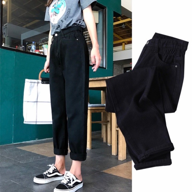 Quần baggy jean nhún eo. 2 màu đen - kem