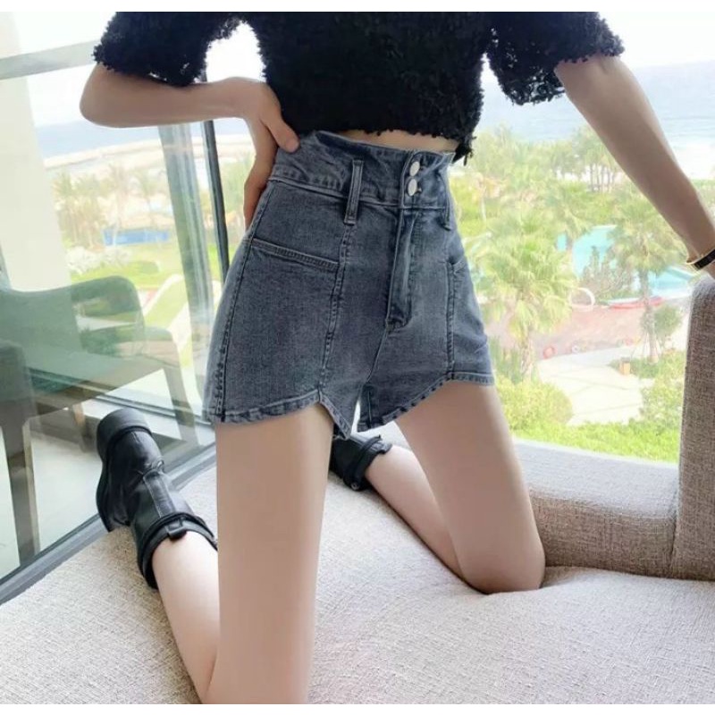 Quần shorts jeans lưng cao phối 2 nút chất jeans co giãn cam kết hàng y hình+ clip chính chủ ( size S, M, L, XL)