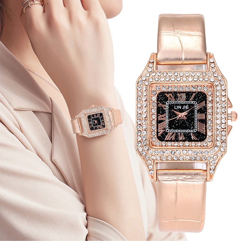 Đồng Hồ Thạch Anh Mặt Vuông Đính Đá Dây Da Dành Cho Nữ