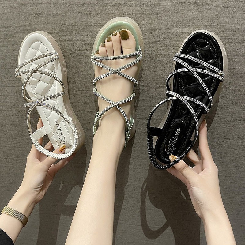 Giày Sandal Đế Bệt Hở Ngón Đính Đá Thời Trang 2021