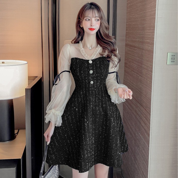 🌸Hàng Order🌸Váy Tay Voan Phối Cúc Tay Thắt Nơ Lấp Lánh 🌸Hàng Quảng Châu