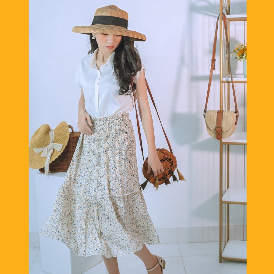 Chân váy hoa nhí dáng dài vintage xếp li 2 tầng nhiều màu hàng cao cấp | BigBuy360 - bigbuy360.vn