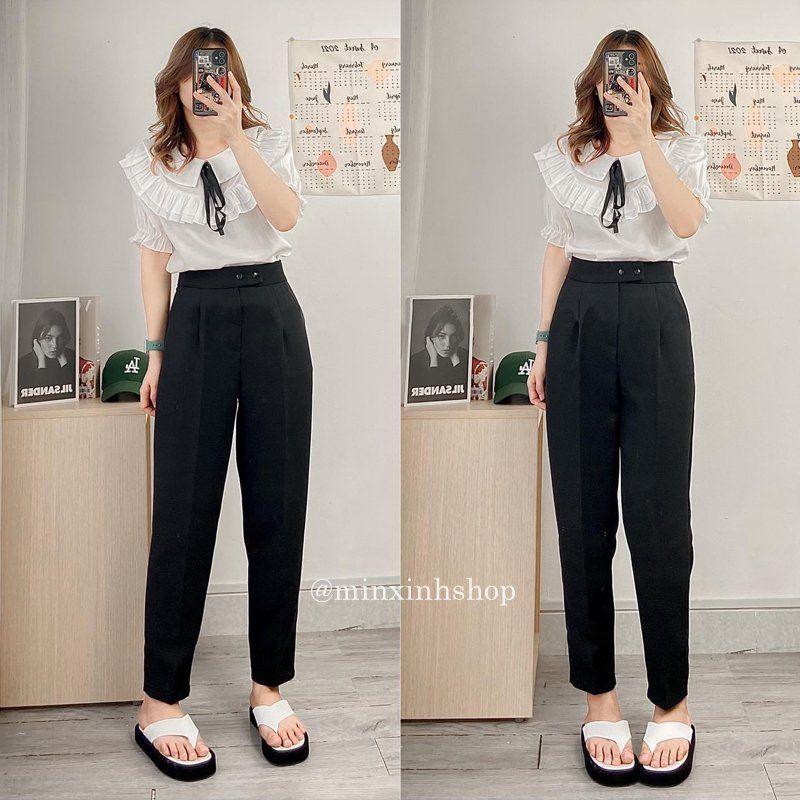 Quần tây đen công sở nữ dài phối 2 khuy bấm mặc đi học làm công sở dáng quần baggy vải cạp lưng cao cực đẹp