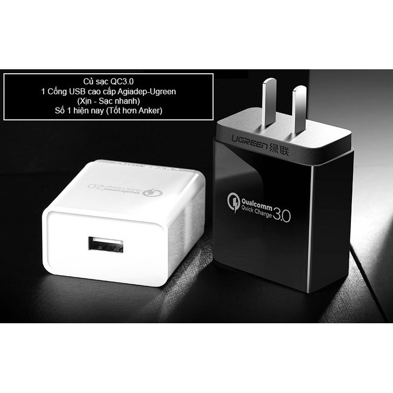 Củ sạc QC3.0 - 1 Cổng USB cao cấp Agiadep-Ugreen (Xịn - Sạc nhanh) Số 1 hiện nay - Màu Đen