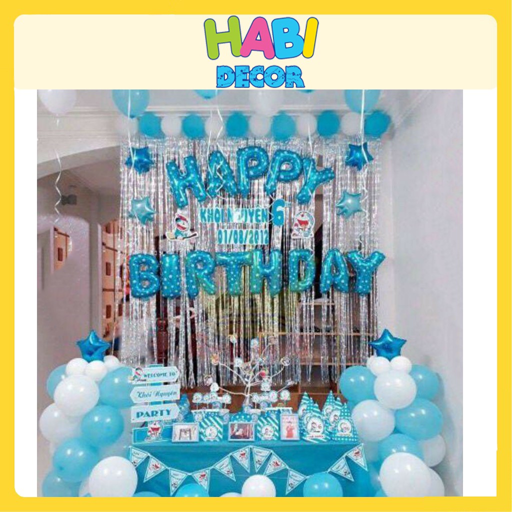 [Xanh Trai-Hồng Gái] Combo trang trí sinh nhật 2 rèm kim tuyến, bóng chữ happy birthday, 50 bong bóng đủ đồ phụ kện CB02