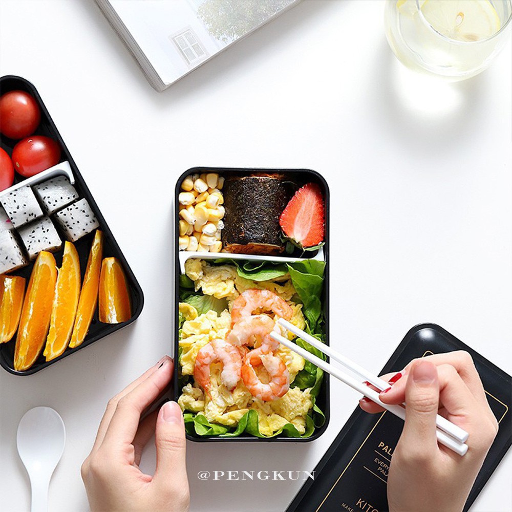 Hộp Đựng Cơm Trưa Hai Tầng Màu Đen Có Thể Dùng Trong Lò Vi Sóng Phong Cách Nhật Bản