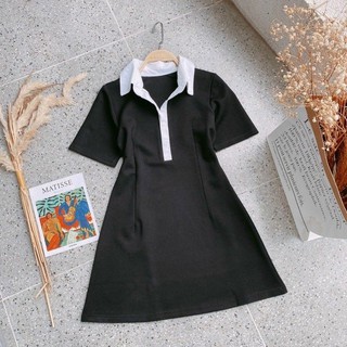 Đầm polo đen viền cổ trắng