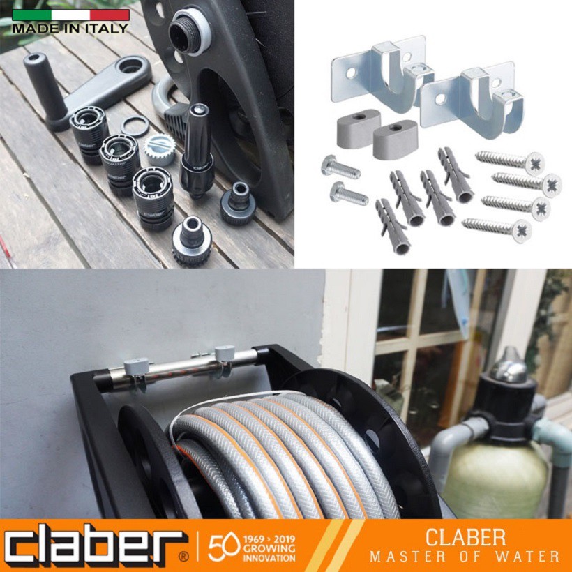 Combo Bộ Dây Và Vòi Tưới Cây  Claber 15m Aquapony Kit 8884 và móc treo tường kim loại, phi ống 12mm