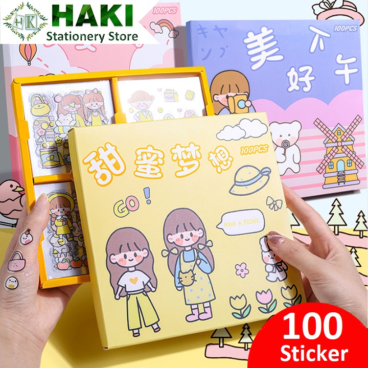 Sticker cute, hình dán cute 100 tấm sticker HAKI dán trang trí sổ hình cô gái dễ thương đáng yêu giá rẻ ST16