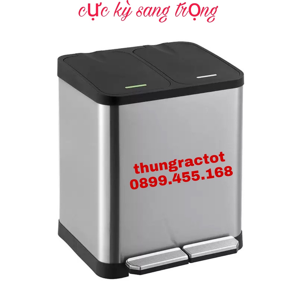 Thùng rác inox đạp chân 2 ngăn, thùng rác phân loại 2 ngăn