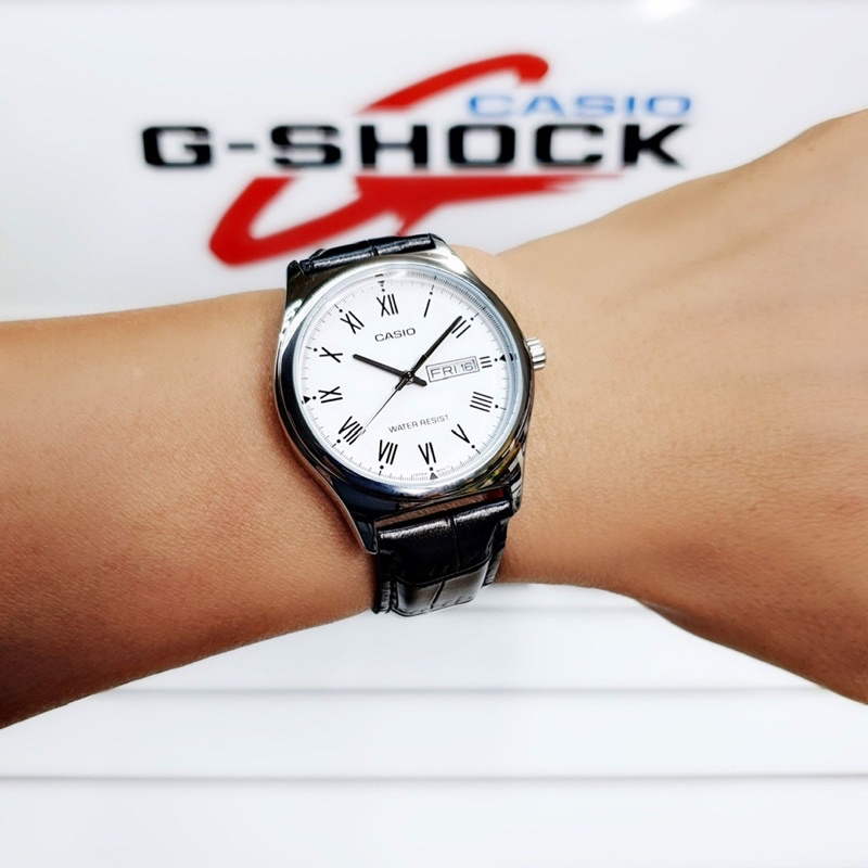 Đồng hồ đôi chính hãng CASIO V006L dây da đen mặt số la mã