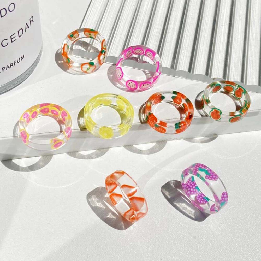 DOREEN Cute Index Finger Ring Retro Resin Acrylic Rings Fruit Candy Color Korean Geometric Beads Girls Fashion Jewelry