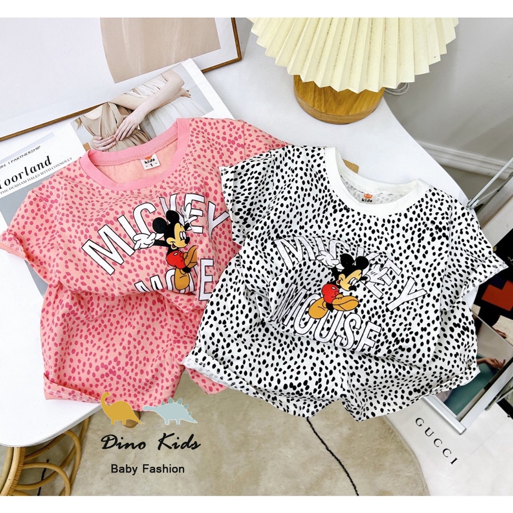 Bộ quần áo cộc tay chất cotton 4c hình beo in hình mickey size 8-32kg cho bé gái