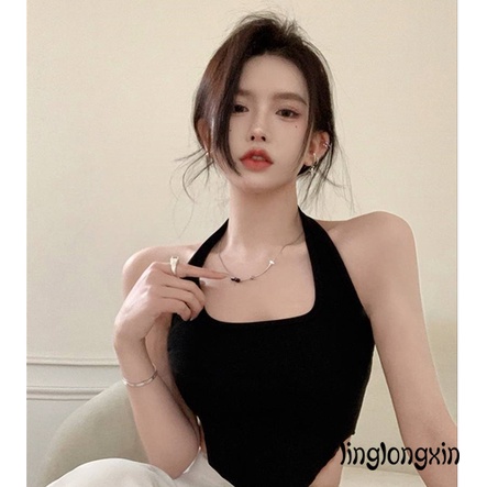 ♧Fh♂Áo Lửng Hai Dây Cổ Yếm Hở Lưng Màu Sắc Trơn Cho Nữ