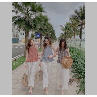 Set áo yếm caro mix quần trắng ống rộng