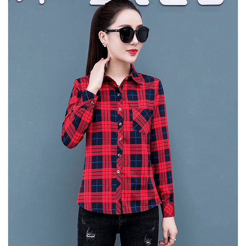 Áo sơ mi nữ phong cách công sở, Áo sơ mi nữ phối kẻ caro kiểu dáng xinh xắn trẻ trung