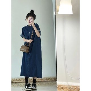 Váy denim dáng dài tay ngắn dáng sơ mi, Đầm sơ mi dáng dài váy denim dáng suông