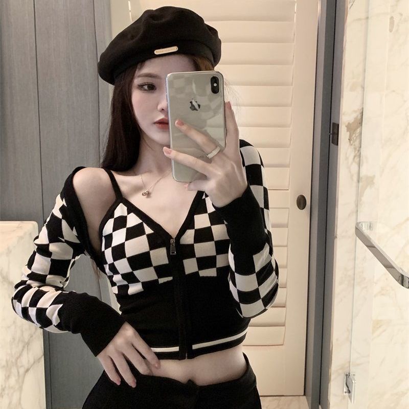 COZOK Set áo khoác Vest + áo cardigan kẻ sọc thời trang