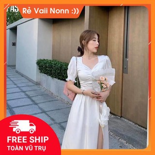 [NEW]DAMDUTIEC  Đầm trắng phi xẻ tà thắt eo
