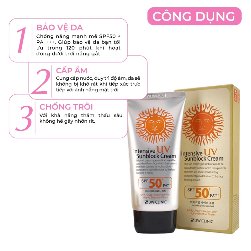 Kem chống nắng 3W Clinic Intensive UV Sunblock Cream Hàn Quốc SPF 50 PA+++ 70ml