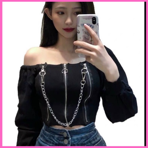 Áo len trễ vai tay dài croptop kiểu Hàn Quốc