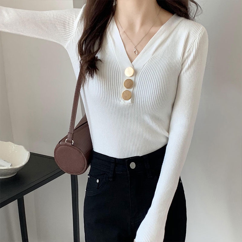 Áo Dệt Kim Tay Dài Dáng Ôm Cổ Chữ V Phối Nút Phong Cách Thời Trang Hàn Quốc Dành Cho Nữ