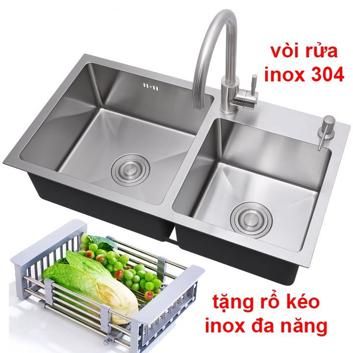 Chậu rửa chén đúc liền khối KOREA 8245L inox 304 - Bồn rửa chén 2 ngăn