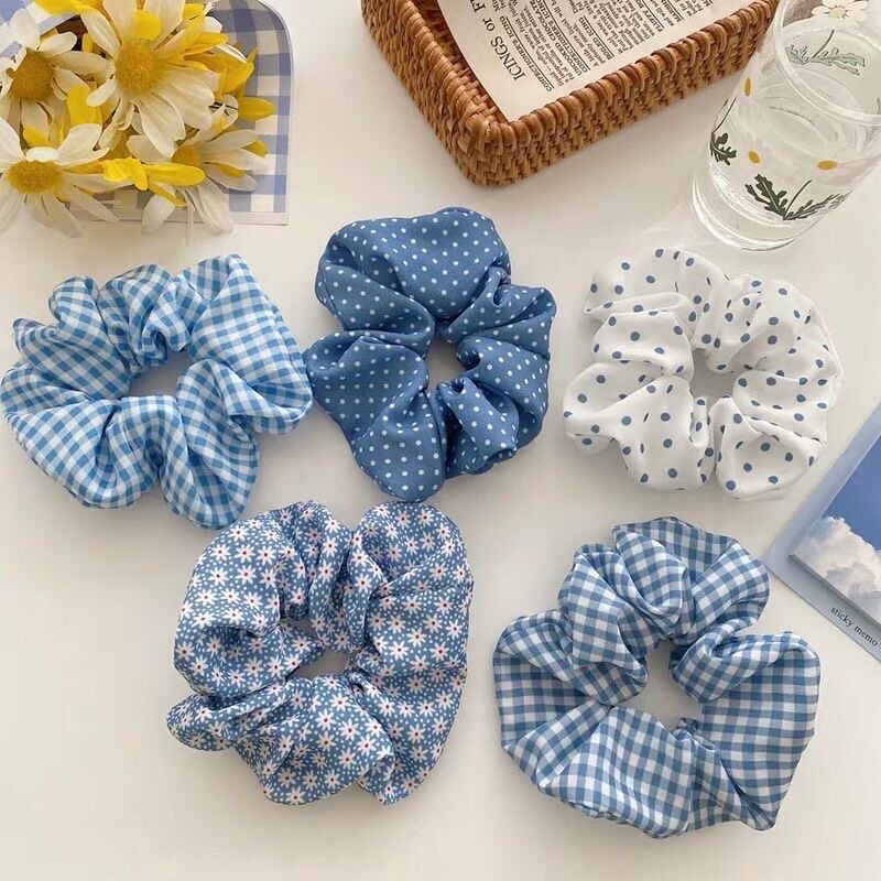 Set 5 dây buộc tóc scrunchies màu xanh dương hoạ tiết caro/chấm bi cho nữ