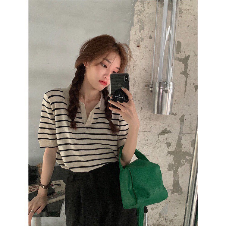Áo len nữ ngắn tay cổ bẻ kẻ sọc ngang Thu ĐÔNG phong cách Hàn Quốc xinh xắn hàng Quảng Châu Loại 1 2021 K4-D7 | BigBuy360 - bigbuy360.vn