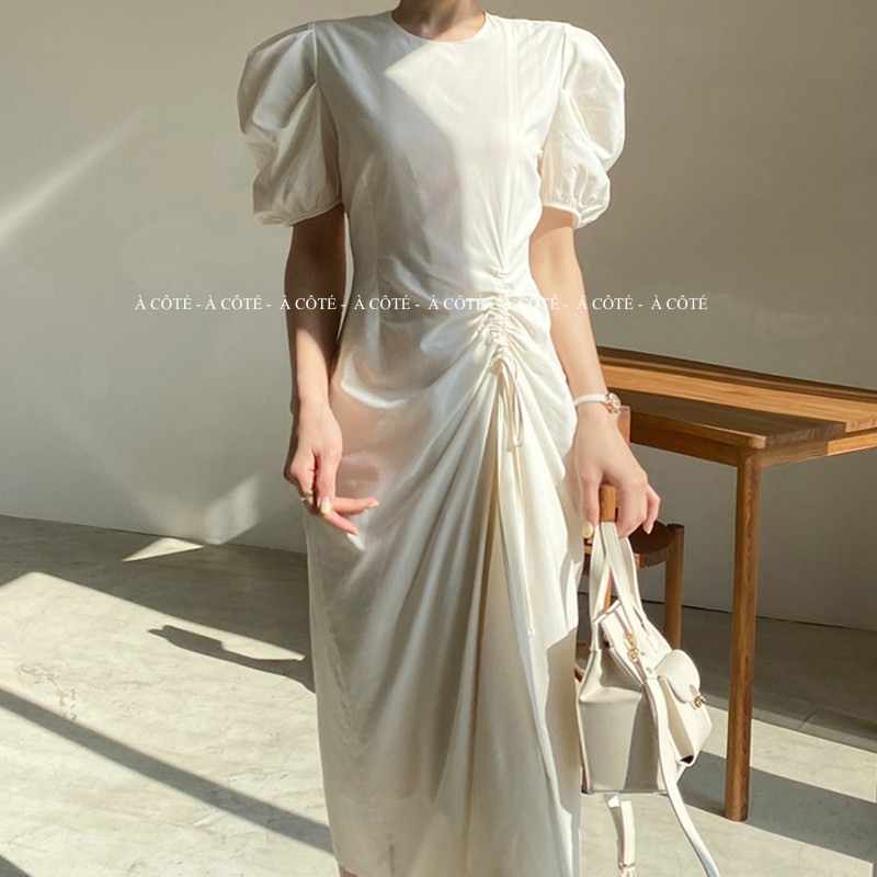 Đầm trắng rút dây eo thời trang - V31 vải xô cotton hai lớp thoáng mát