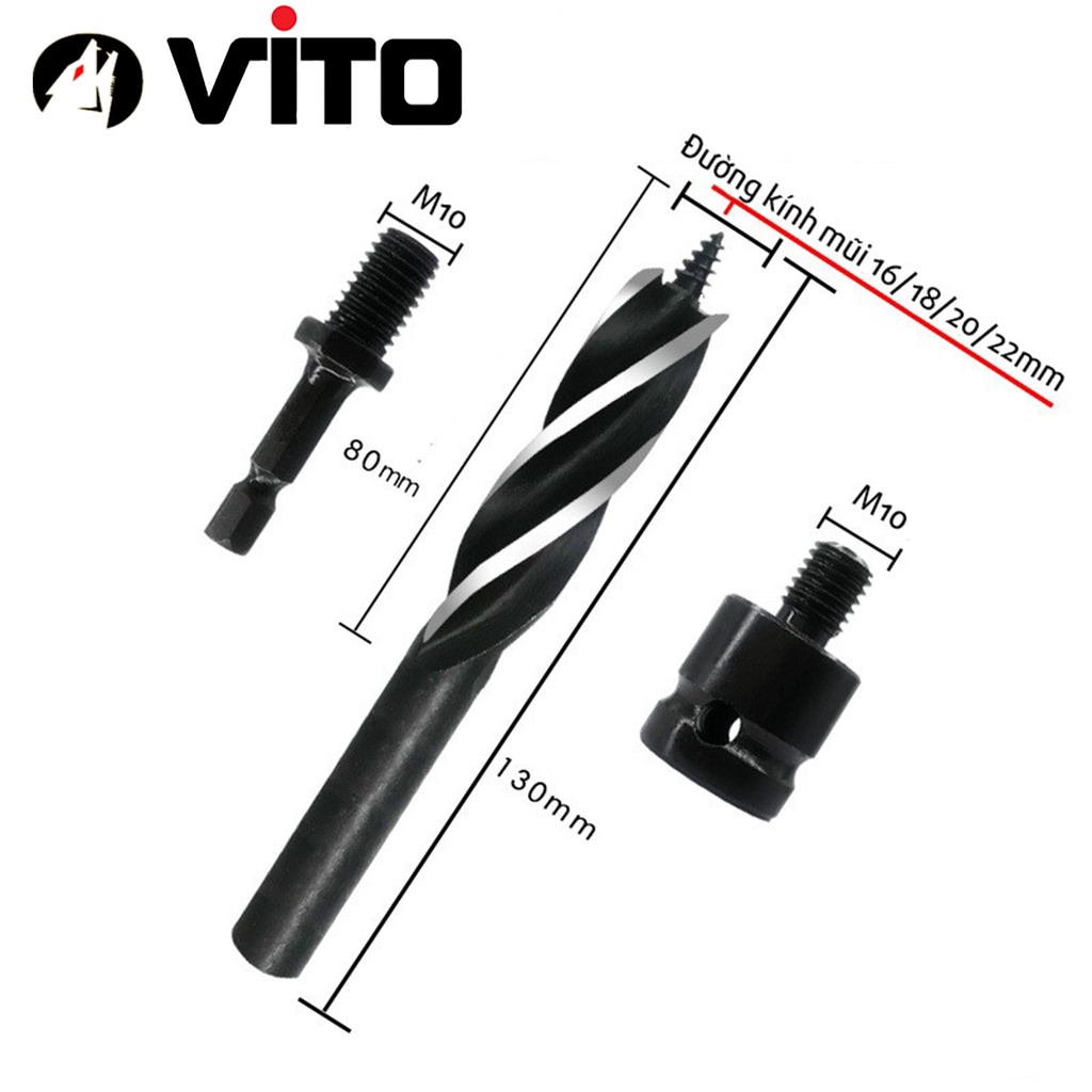 Bộ 3 Chi Tiết Khoan Gỗ Xoắn Ốc Auger VITO 4 Lưỡi Cắt Sử Dụng Cho Máy Bắn Vít, Siết Bulong, Máy Khoan