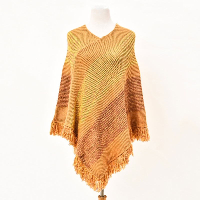 Áo choàng len Pashmina chui đầu cổ chữ V viền tua rua kẻ sọc màu sắc phong cách dân tộc thời trang mùa đông cho nữ
 | BigBuy360 - bigbuy360.vn