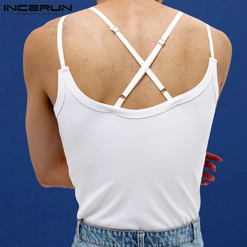 Áo tank top INCERUN dệt kim không tay phối dây chéo lưng thời trang cho nam