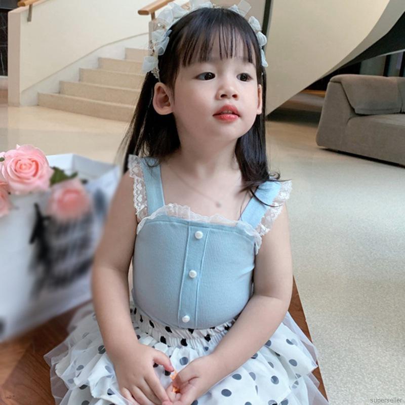 Áo hai dây vải cotton phối ren ngọt ngào phong cách hè cho bé gái