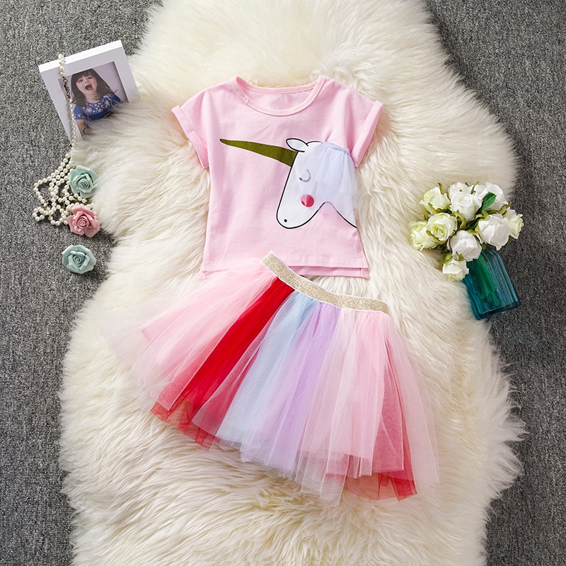 Bộ trang phục NNJXD gồm áo thun + váy tutu in hình kỳ lân thời trang cho bé gái