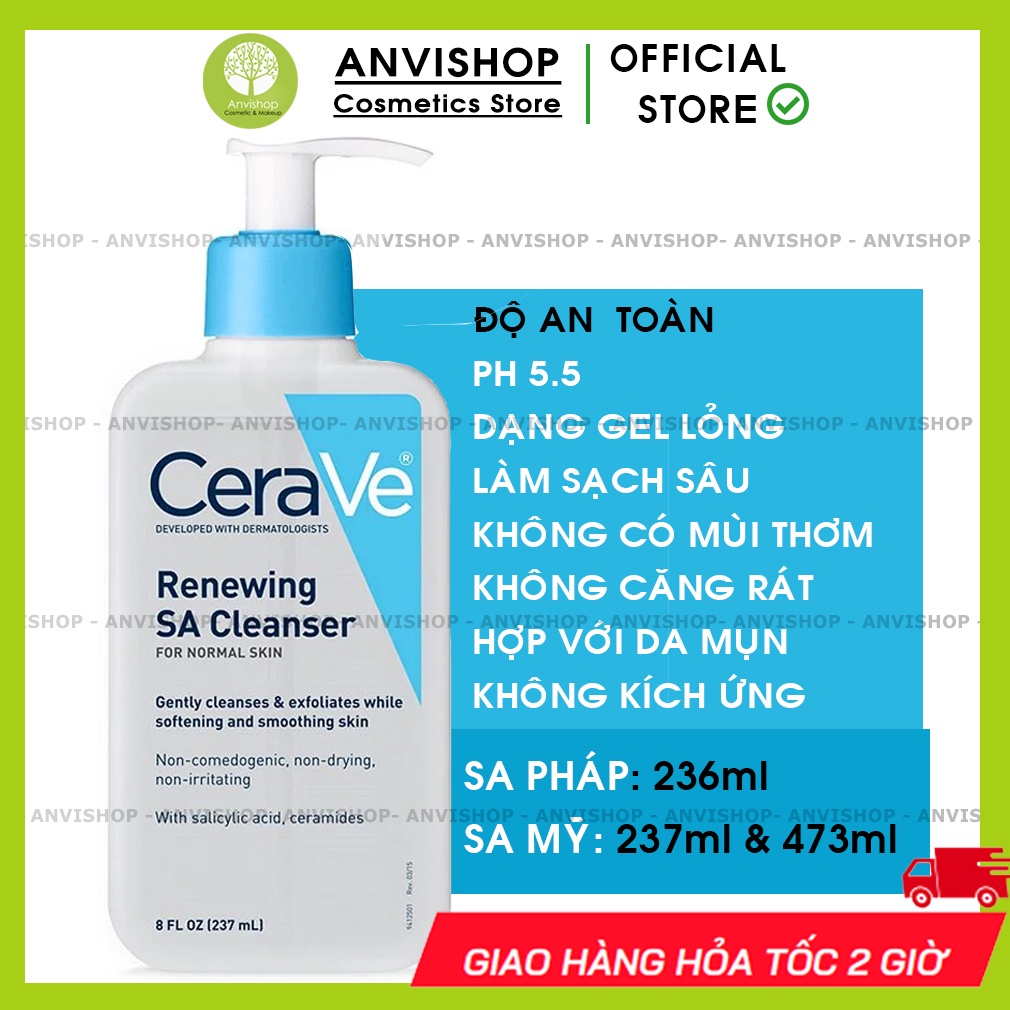 Sữa Rửa Mặt CeraVe Renewing SA Cleanser For Normal Skin 237ml dành cho da dầu mụn